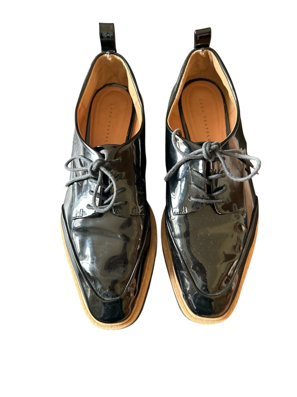 Zara Trafaluc Black Patent Leather Platform Oxfords
